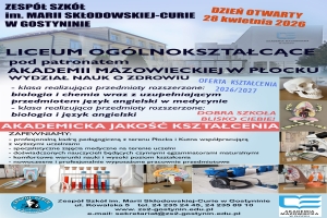 Oferta kształcenia Zespołu Szkół im. M Skłodowskiej-Curie w Gostyninie w roku szkolnym 2026/2027