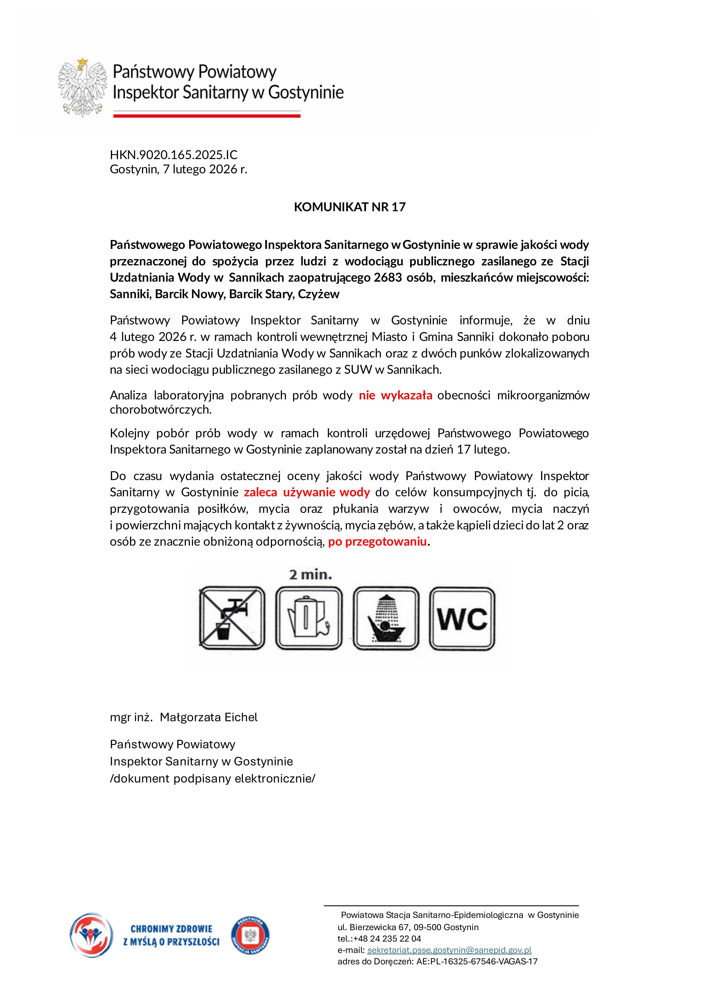 Komunikat Nr 17 warunkowa przydatnosc wody Sanniki