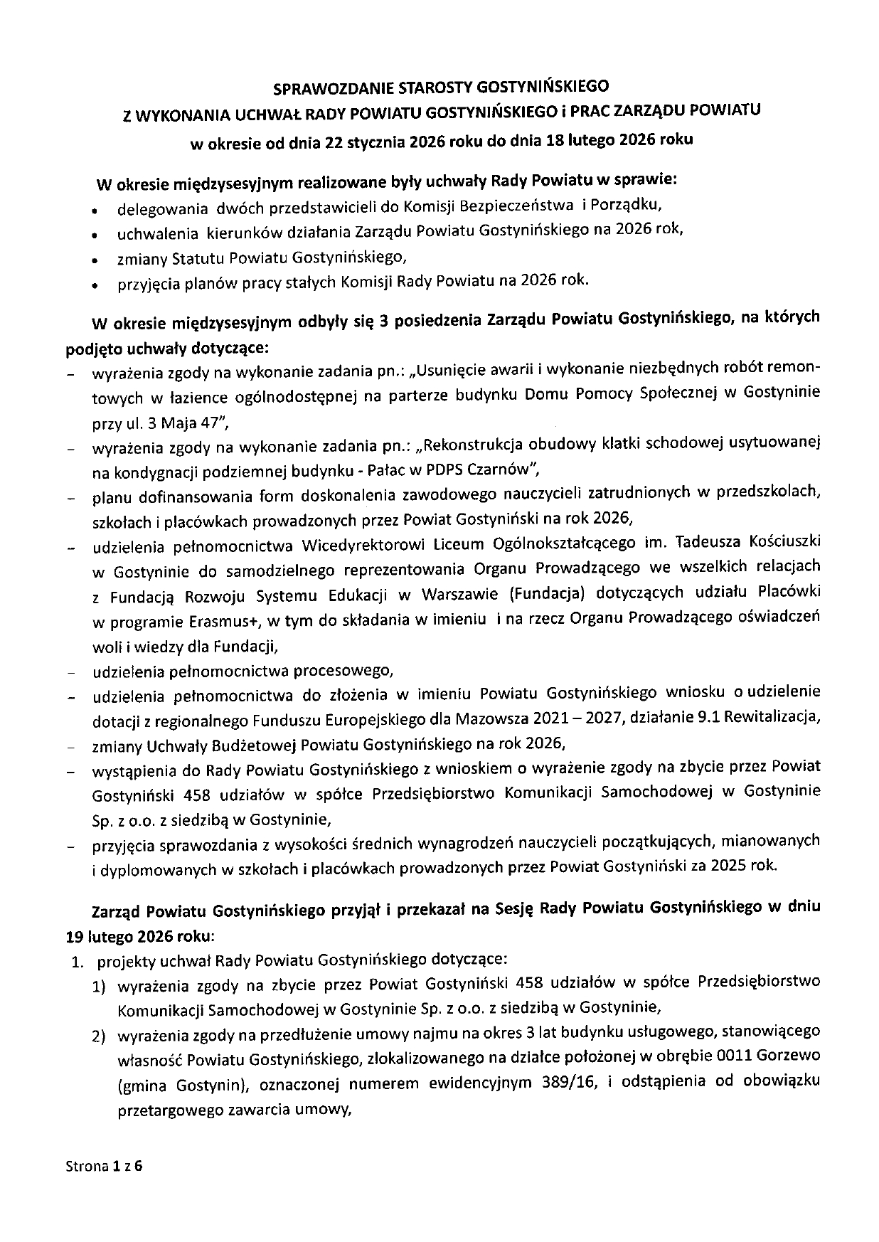 SPRAWOZDANIE STAROSTY GOSTYNIŃSKIEGO Z WYKONANIA UCHWAŁ RADY POWIATU GOSTYNIŃSKIEGO I PRAC ZARZĄDU POWIATU w okresie od dnia 22 stycznia 2026 roku do dnia 18 lutego 2026 roku page 0001