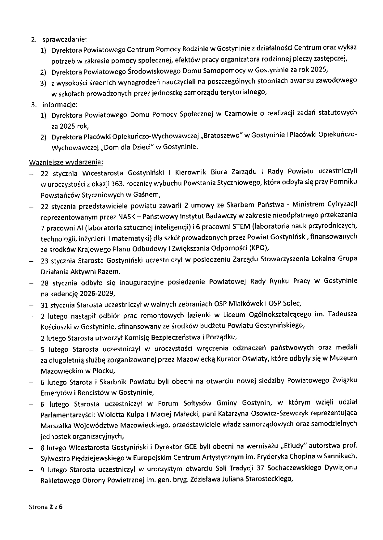 SPRAWOZDANIE STAROSTY GOSTYNIŃSKIEGO Z WYKONANIA UCHWAŁ RADY POWIATU GOSTYNIŃSKIEGO I PRAC ZARZĄDU POWIATU w okresie od dnia 22 stycznia 2026 roku do dnia 18 lutego 2026 roku page 0002