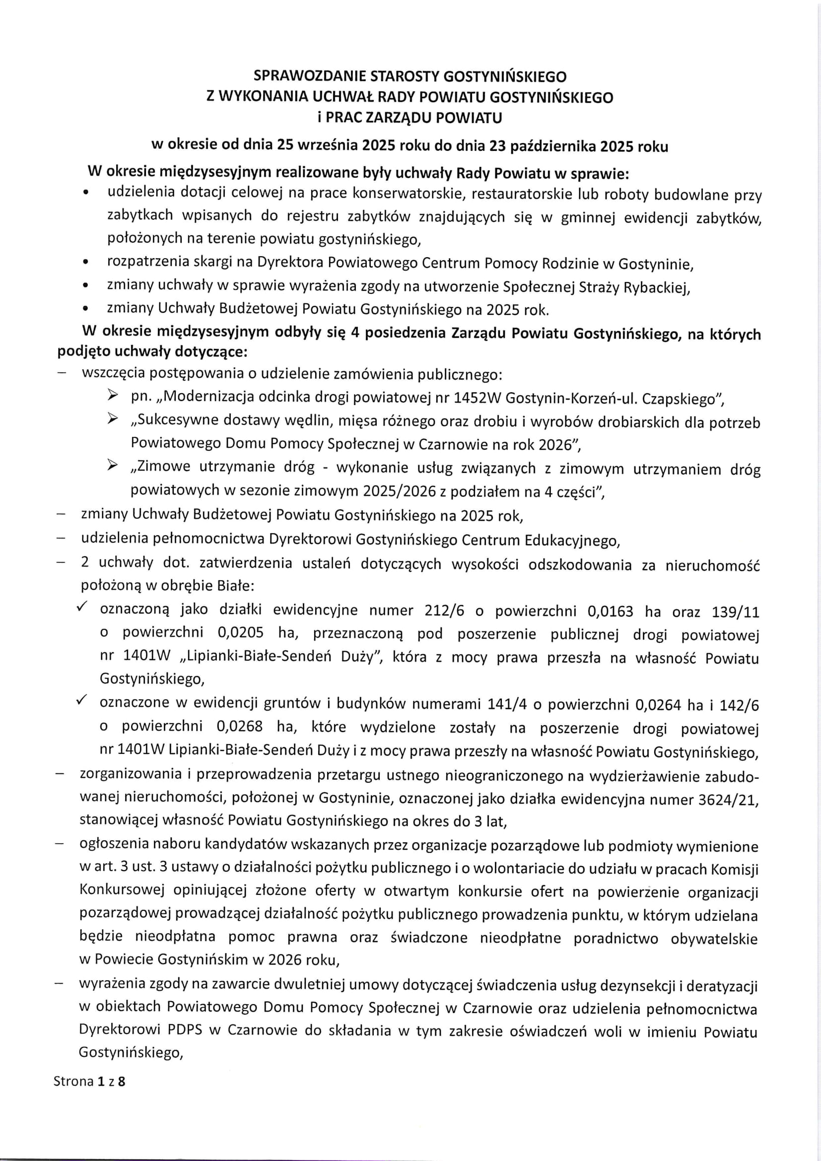 Sprawozdanie Starosty Gostynińskiego z wykonania uchwał Rady Powiatu Gostynińkiego i prac Zarządu Powiatu w okresie od dnia 25 września 2025 roku do dnia 23 października 2025 roku 1