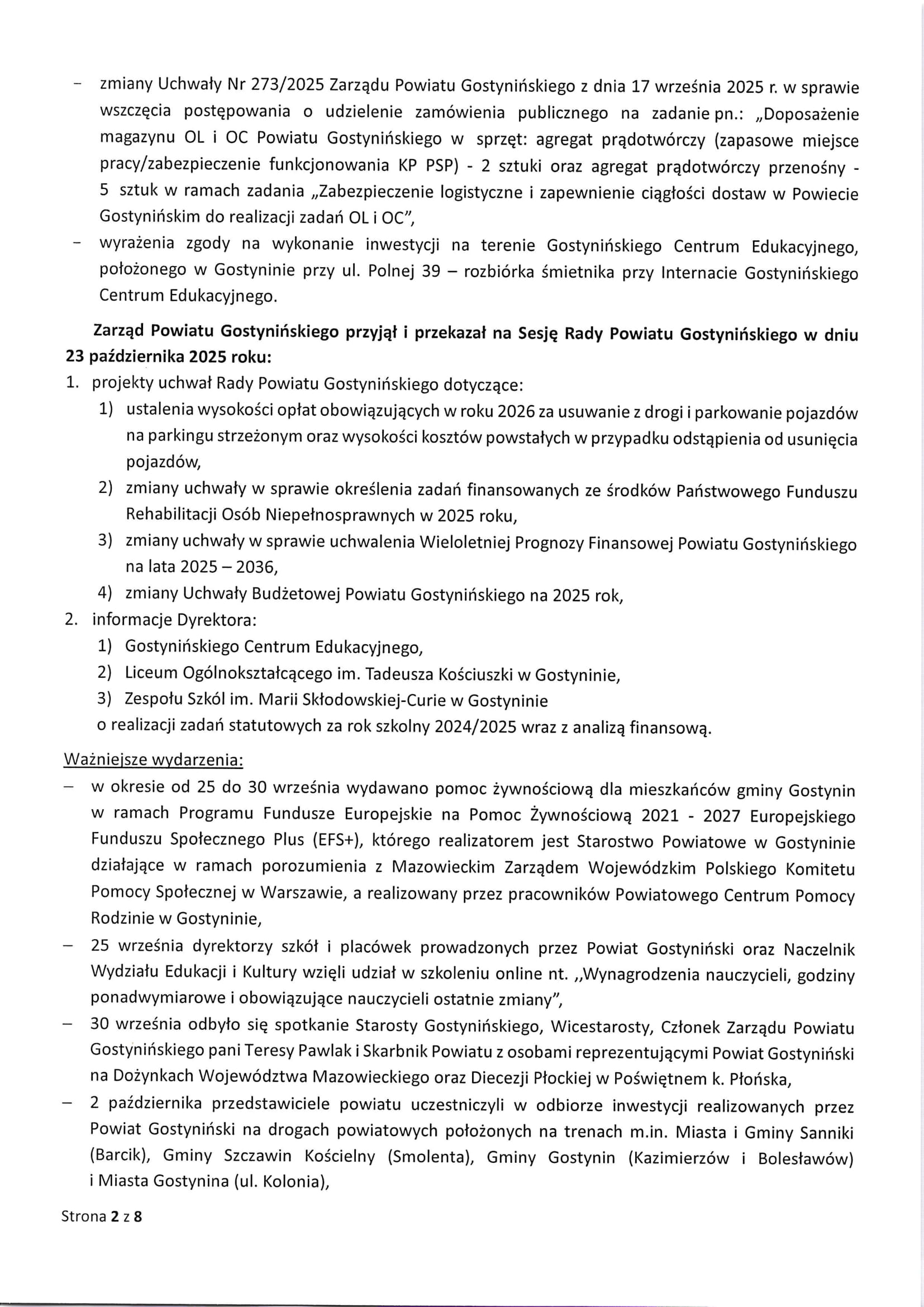 Sprawozdanie Starosty Gostynińskiego z wykonania uchwał Rady Powiatu Gostynińkiego i prac Zarządu Powiatu w okresie od dnia 25 września 2025 roku do dnia 23 października 2025 roku 2