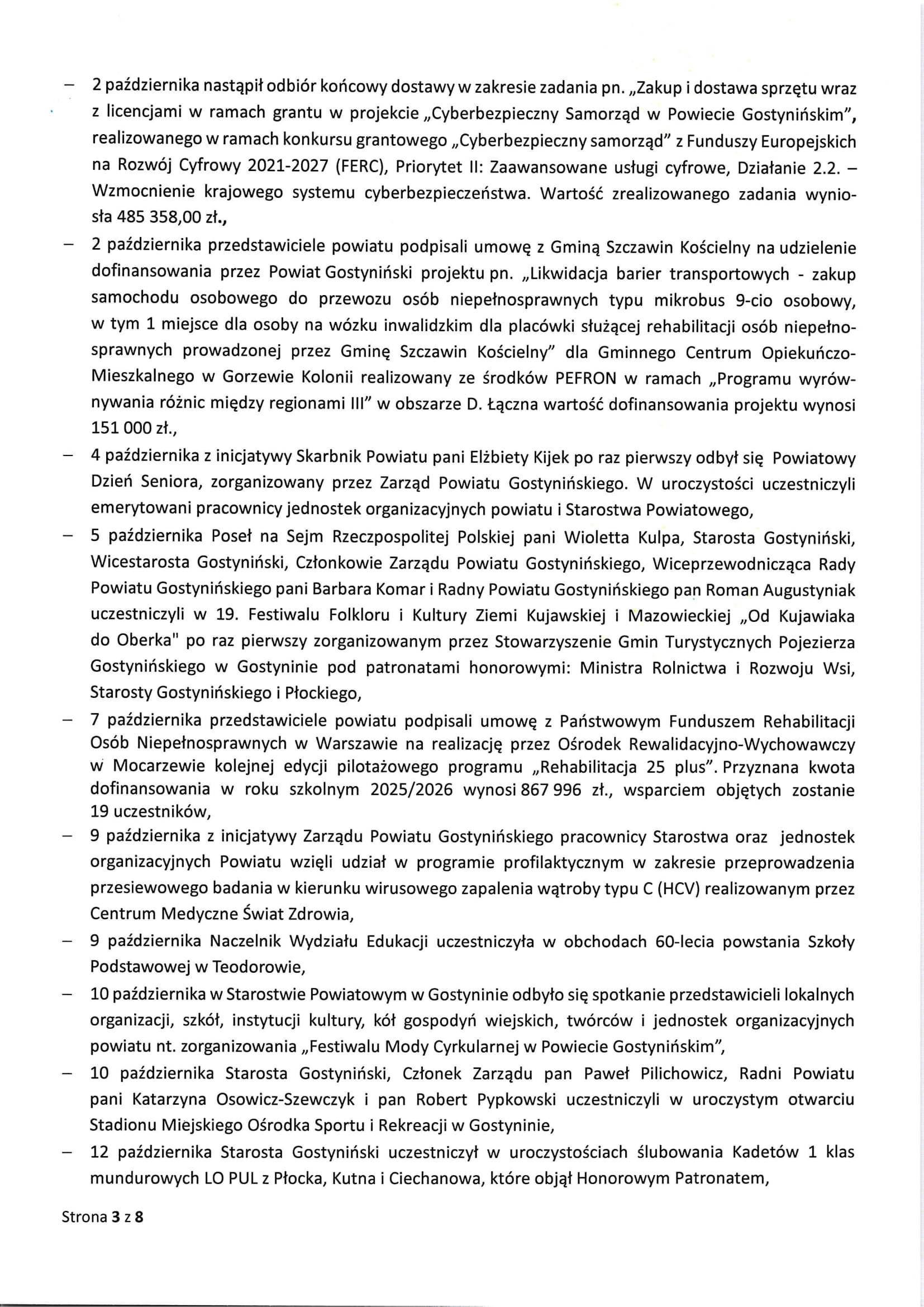 Sprawozdanie Starosty Gostynińskiego z wykonania uchwał Rady Powiatu Gostynińkiego i prac Zarządu Powiatu w okresie od dnia 25 września 2025 roku do dnia 23 października 2025 roku 3