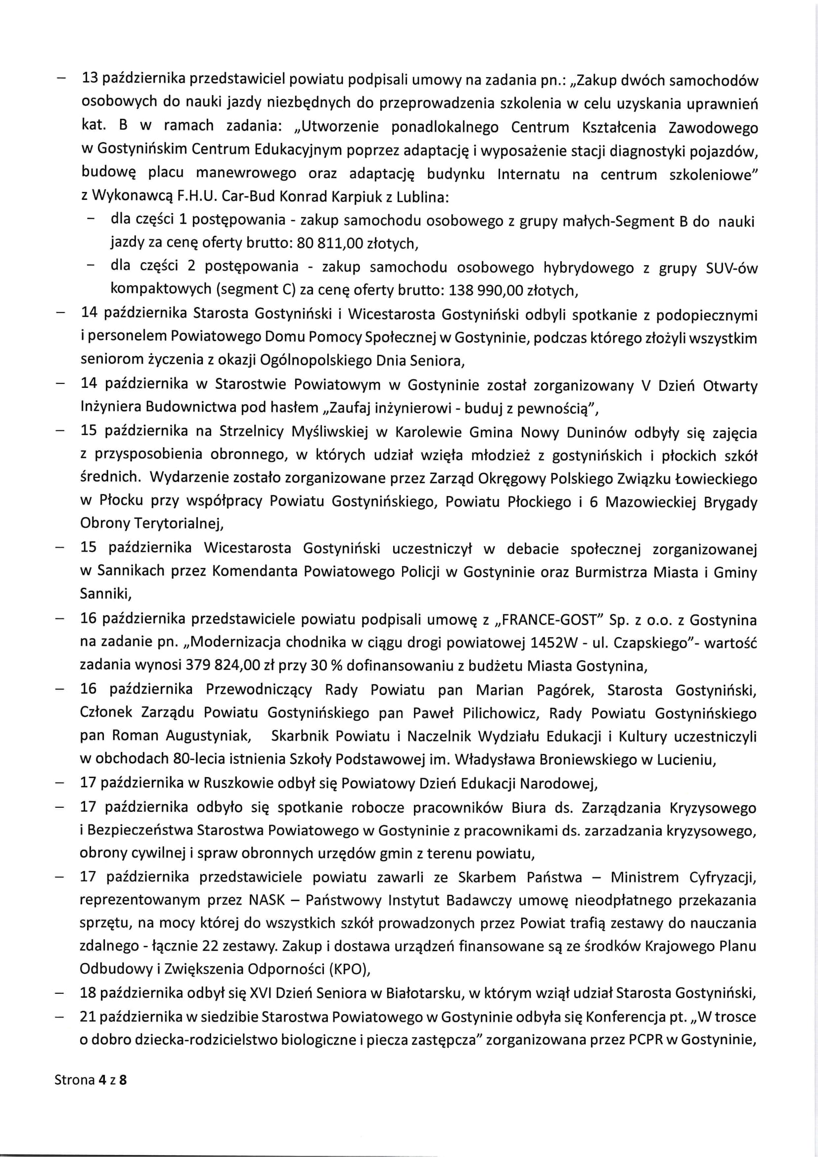 Sprawozdanie Starosty Gostynińskiego z wykonania uchwał Rady Powiatu Gostynińkiego i prac Zarządu Powiatu w okresie od dnia 25 września 2025 roku do dnia 23 października 2025 roku 4