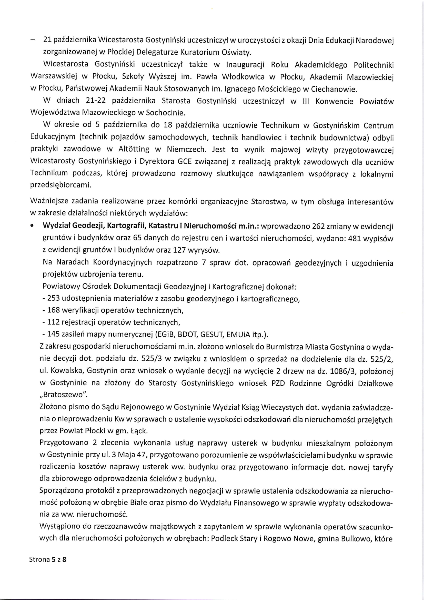 Sprawozdanie Starosty Gostynińskiego z wykonania uchwał Rady Powiatu Gostynińkiego i prac Zarządu Powiatu w okresie od dnia 25 września 2025 roku do dnia 23 października 2025 roku 5