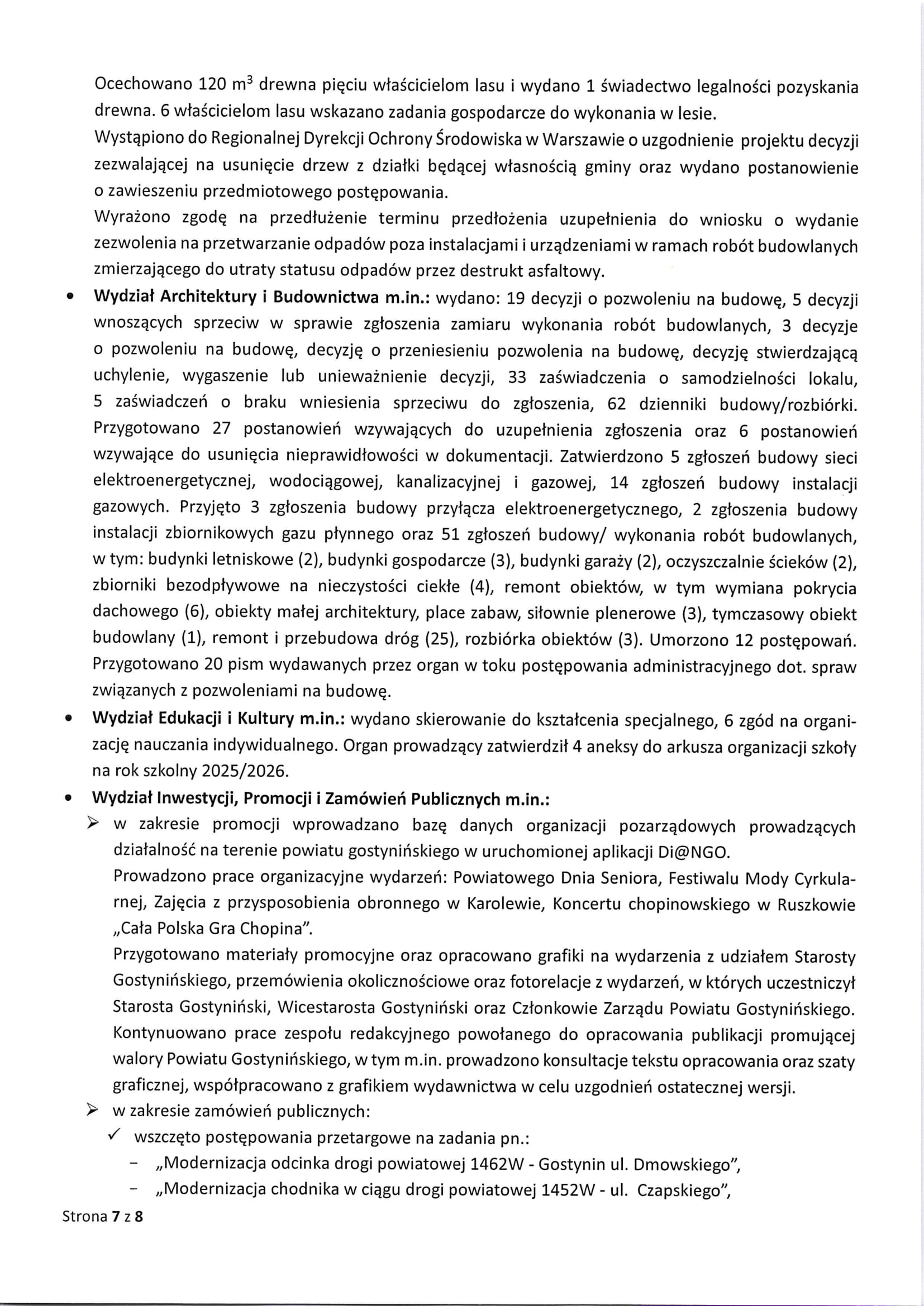 Sprawozdanie Starosty Gostynińskiego z wykonania uchwał Rady Powiatu Gostynińkiego i prac Zarządu Powiatu w okresie od dnia 25 września 2025 roku do dnia 23 października 2025 roku 7