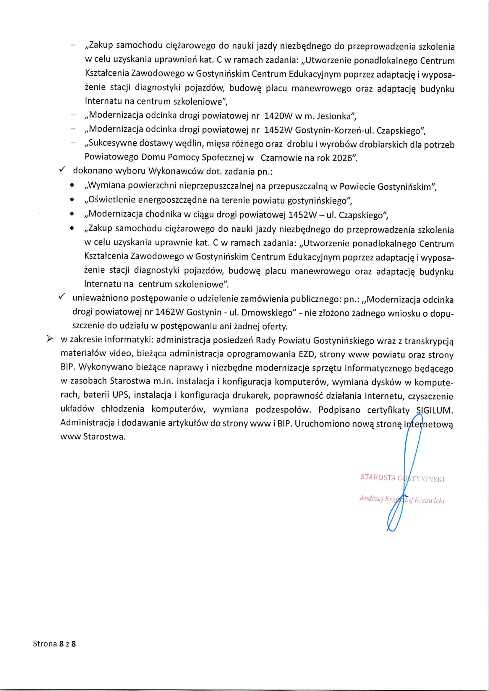 Sprawozdanie Starosty Gostynińskiego z wykonania uchwał Rady Powiatu Gostynińkiego i prac Zarządu Powiatu w okresie od dnia 25 września 2025 roku do dnia 23 października 2025 roku 8