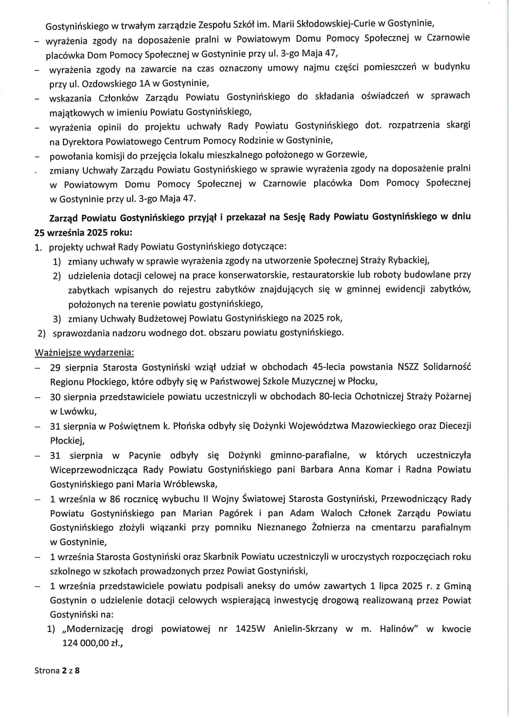 Sprawozdanie Starosty Gostynińskiego z wykonania uchwał Rady Powiatu Gostynińskiego i prac Zarządu Powiatu w okresie od dnia 28.08.2025 r. do dnia 24.09.2025 r. 2