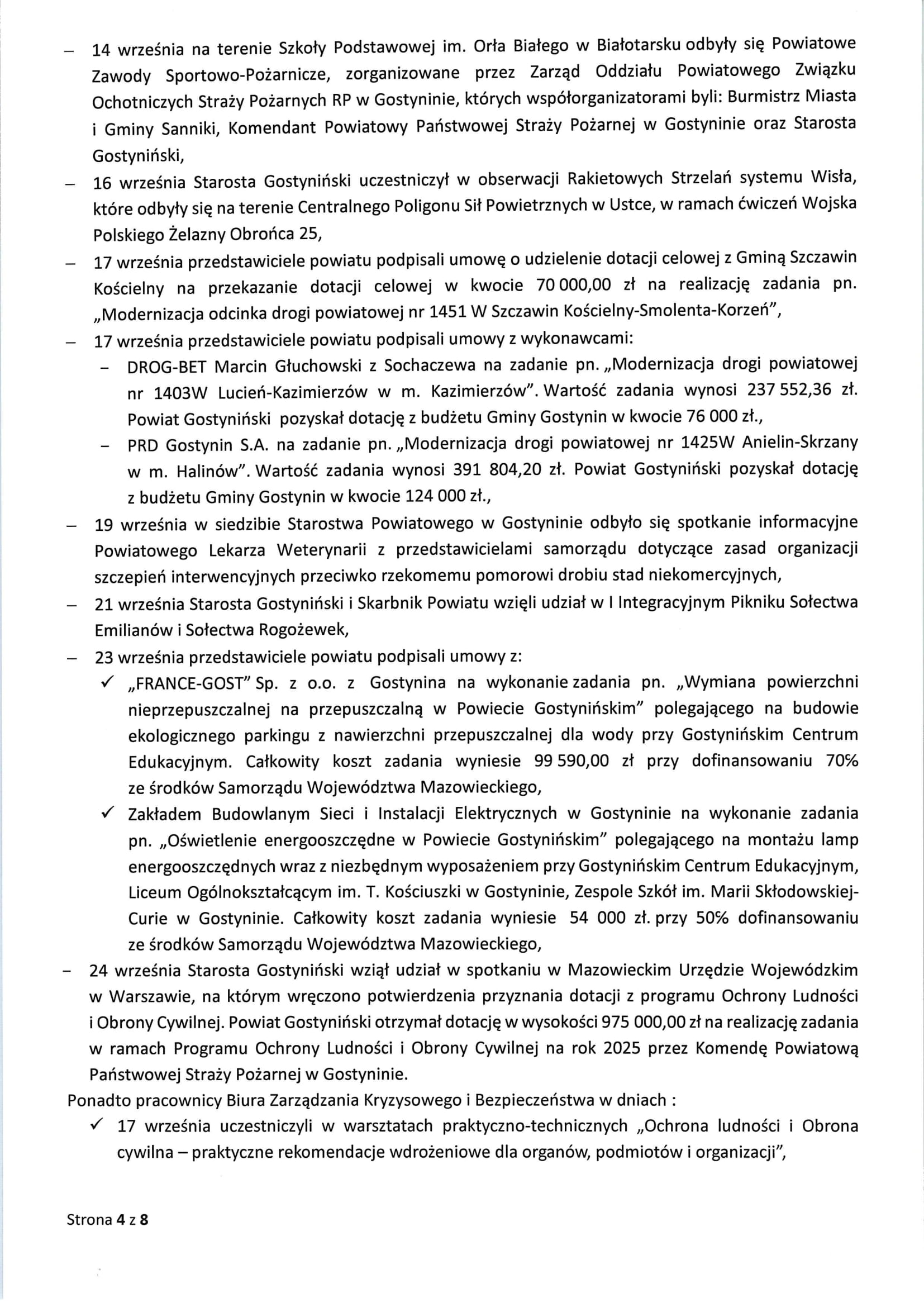 Sprawozdanie Starosty Gostynińskiego z wykonania uchwał Rady Powiatu Gostynińskiego i prac Zarządu Powiatu w okresie od dnia 28.08.2025 r. do dnia 24.09.2025 r. 4