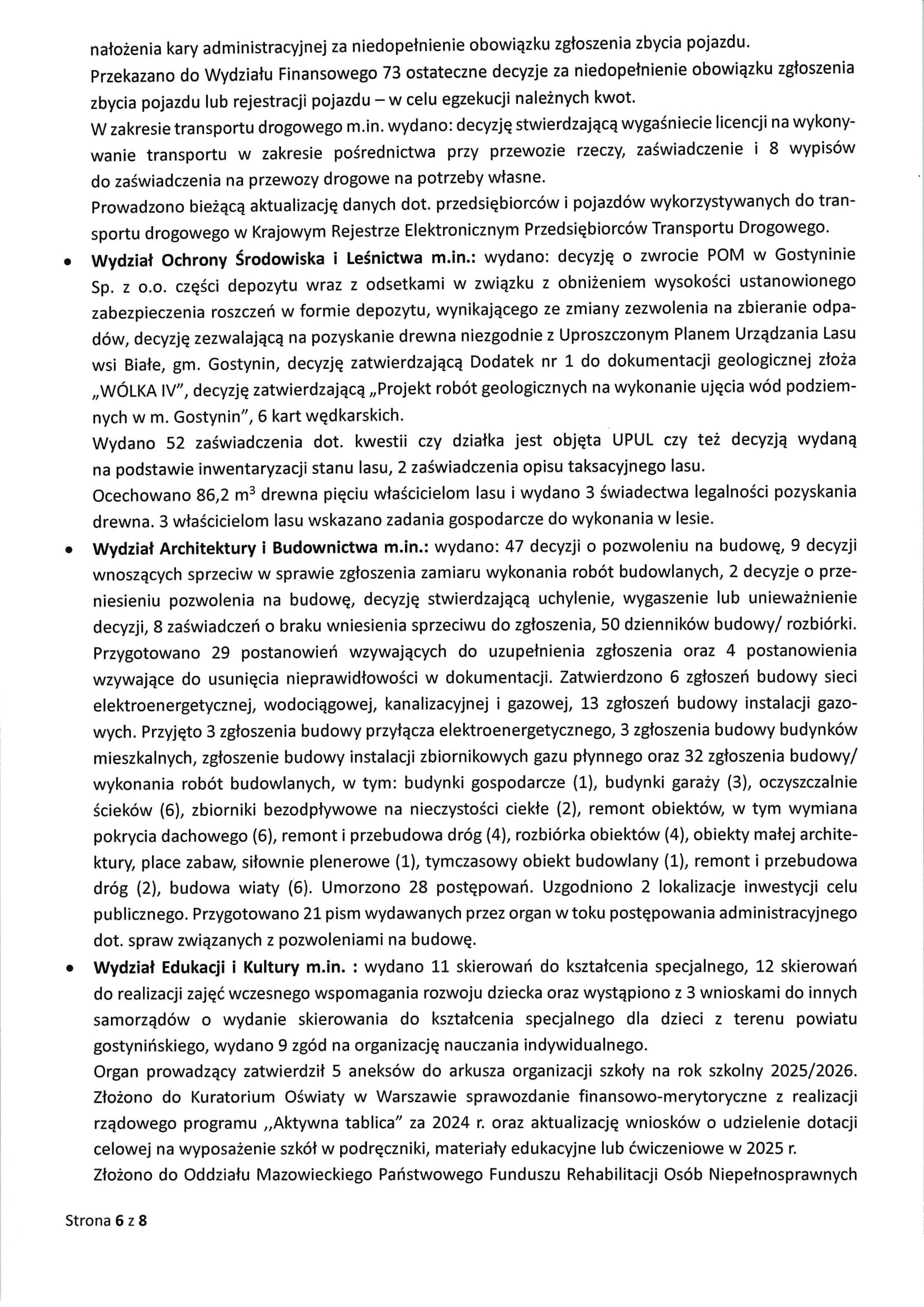 Sprawozdanie Starosty Gostynińskiego z wykonania uchwał Rady Powiatu Gostynińskiego i prac Zarządu Powiatu w okresie od dnia 28.08.2025 r. do dnia 24.09.2025 r. 6