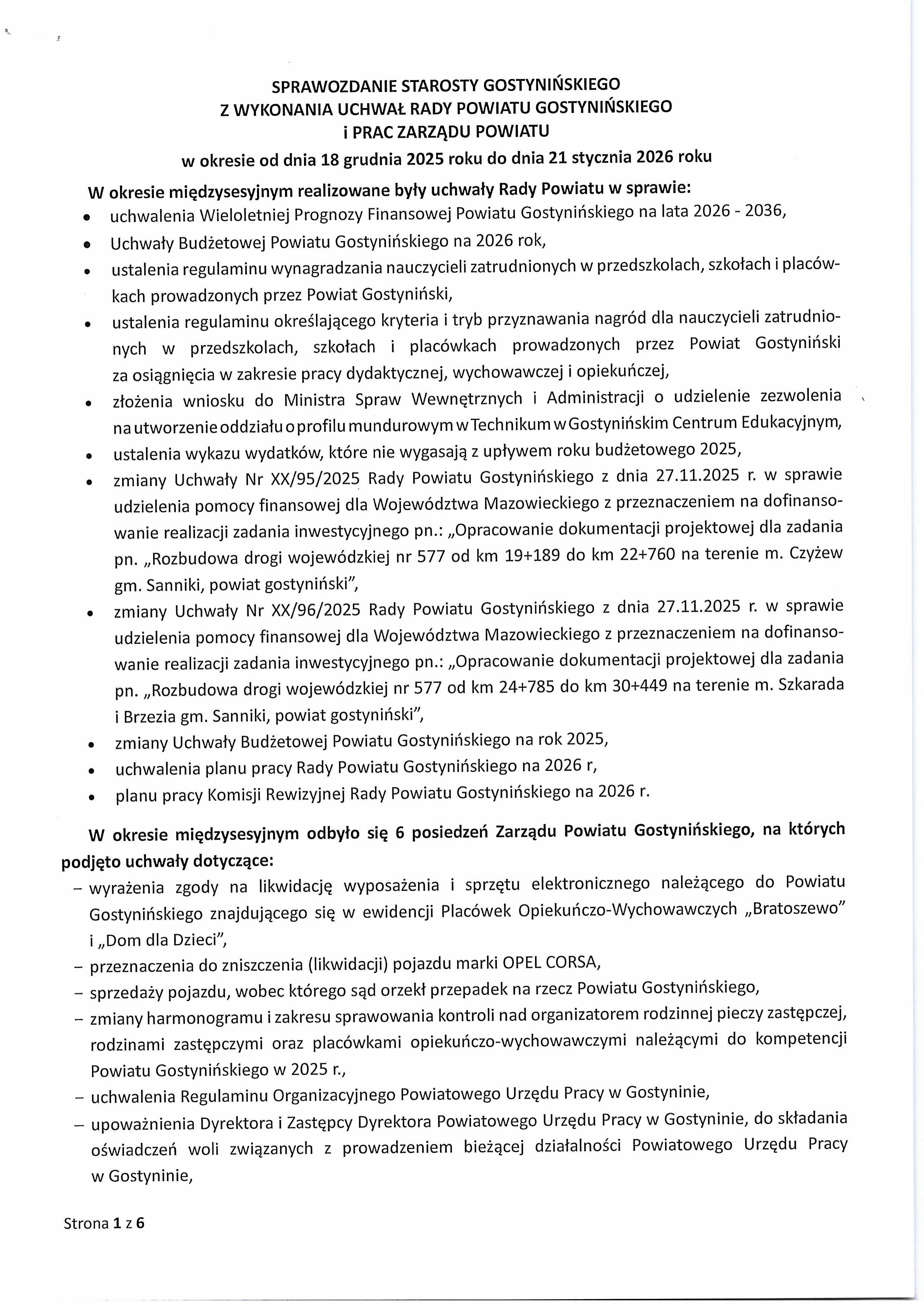Sprawozdanie Starosty Gostynińskiego z wykonania Uchwał Rady Powiatu Gostynińskiego i prac Zarządu Powiatu w okresie od dnia 18 grudnia 2025 r. do dnia 21 stycznia 2026 r. obrazy 0