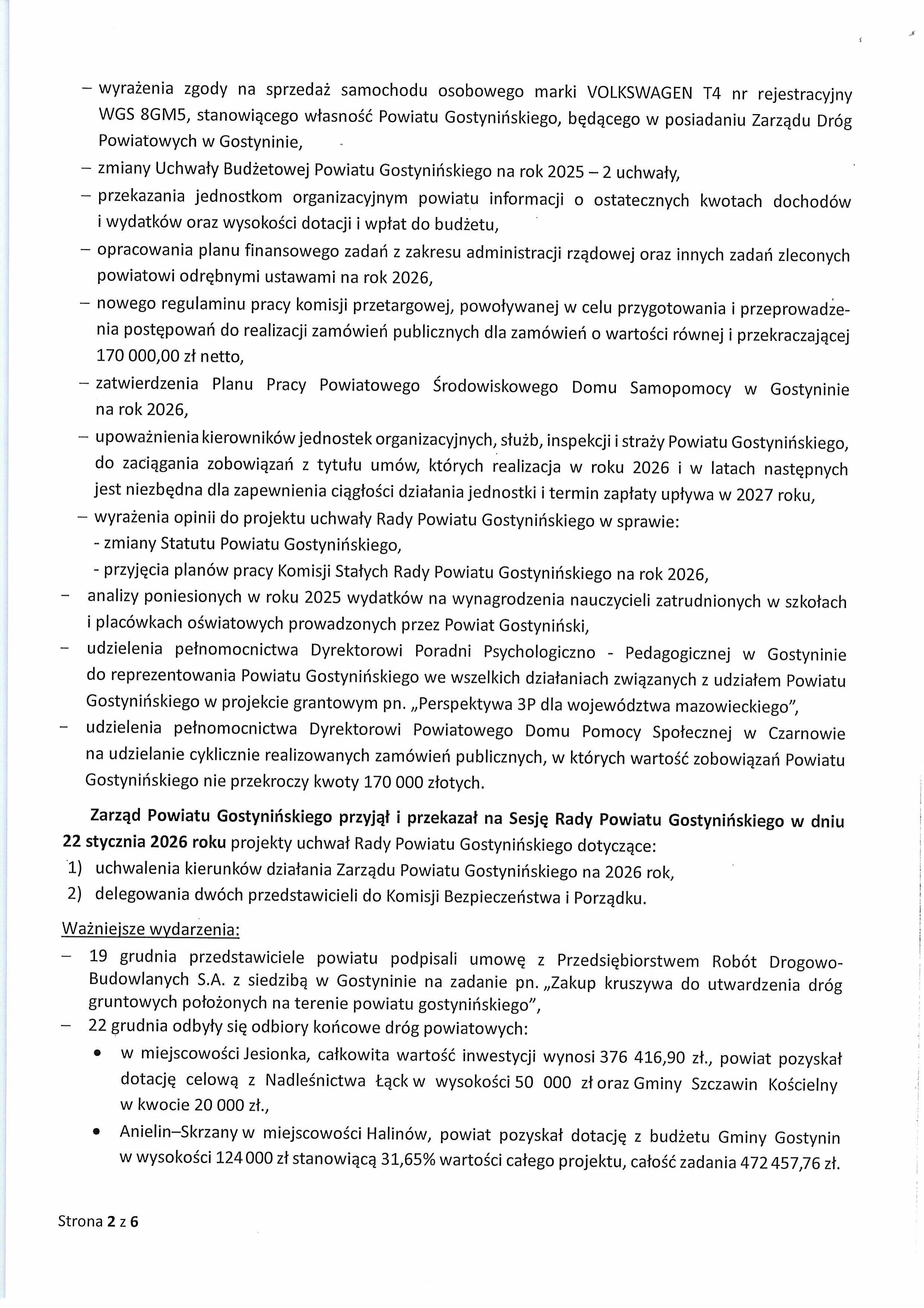Sprawozdanie Starosty Gostynińskiego z wykonania Uchwał Rady Powiatu Gostynińskiego i prac Zarządu Powiatu w okresie od dnia 18 grudnia 2025 r. do dnia 21 stycznia 2026 r. obrazy 1
