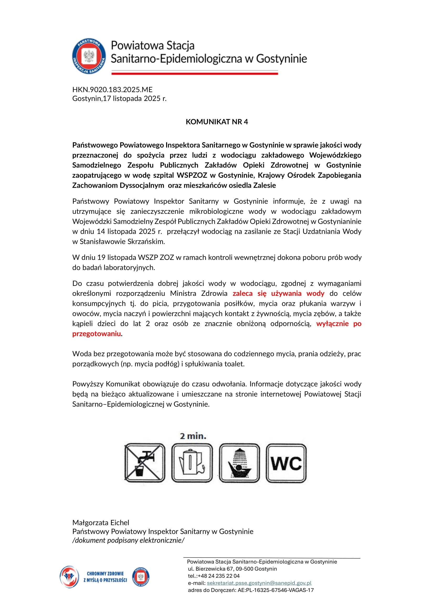 komunikat nr 4 warunkowa przydatność wodociąg zakładowy Zalesie